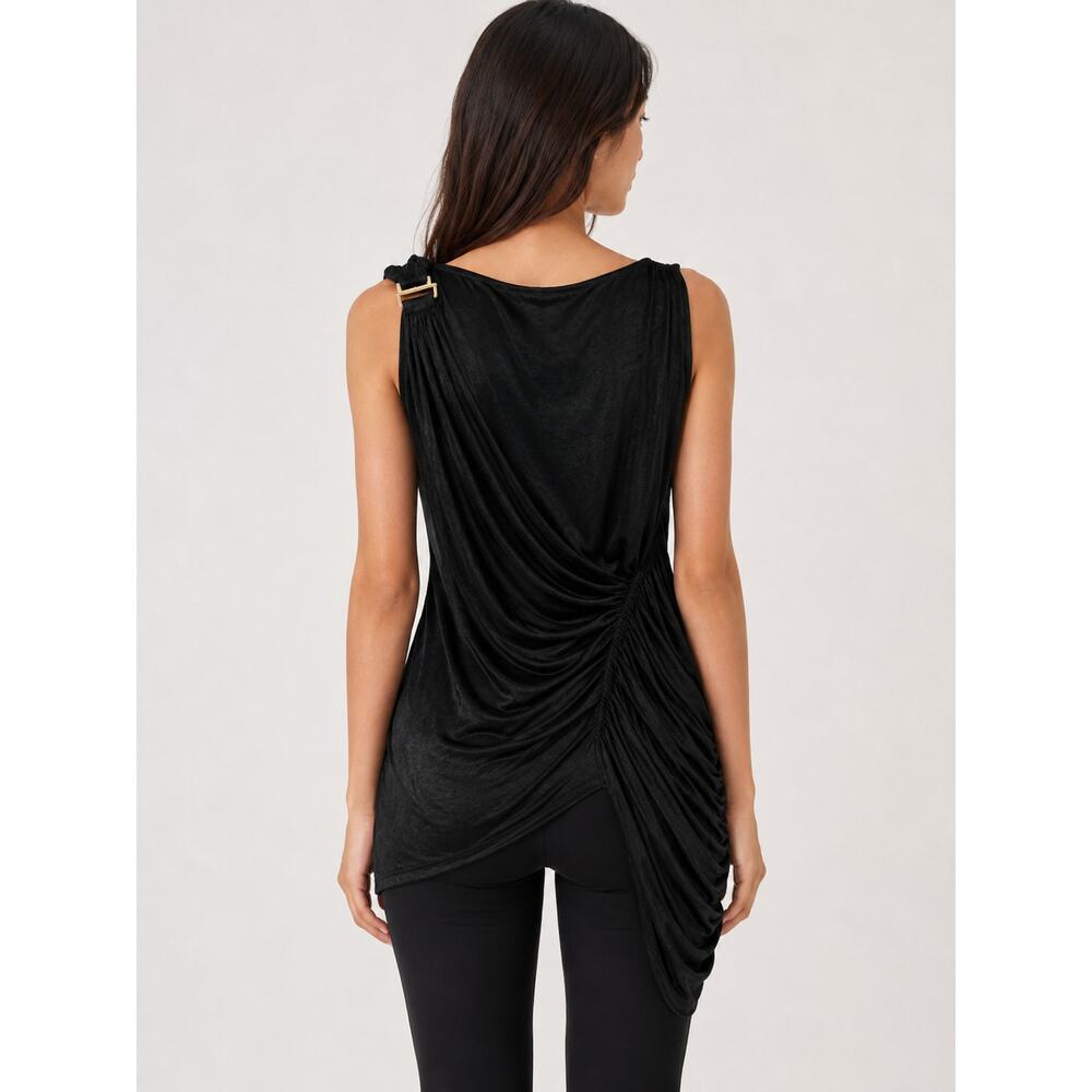 BCBGMAXAZRIA Black Draped Asymmetrical Sleeveless Top Women S Gold Hardware - Picture 2 of 9